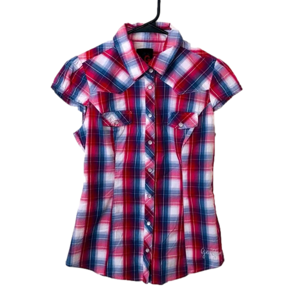 G BY GUESS Red, Blue, and White Plaid Collard Button Up